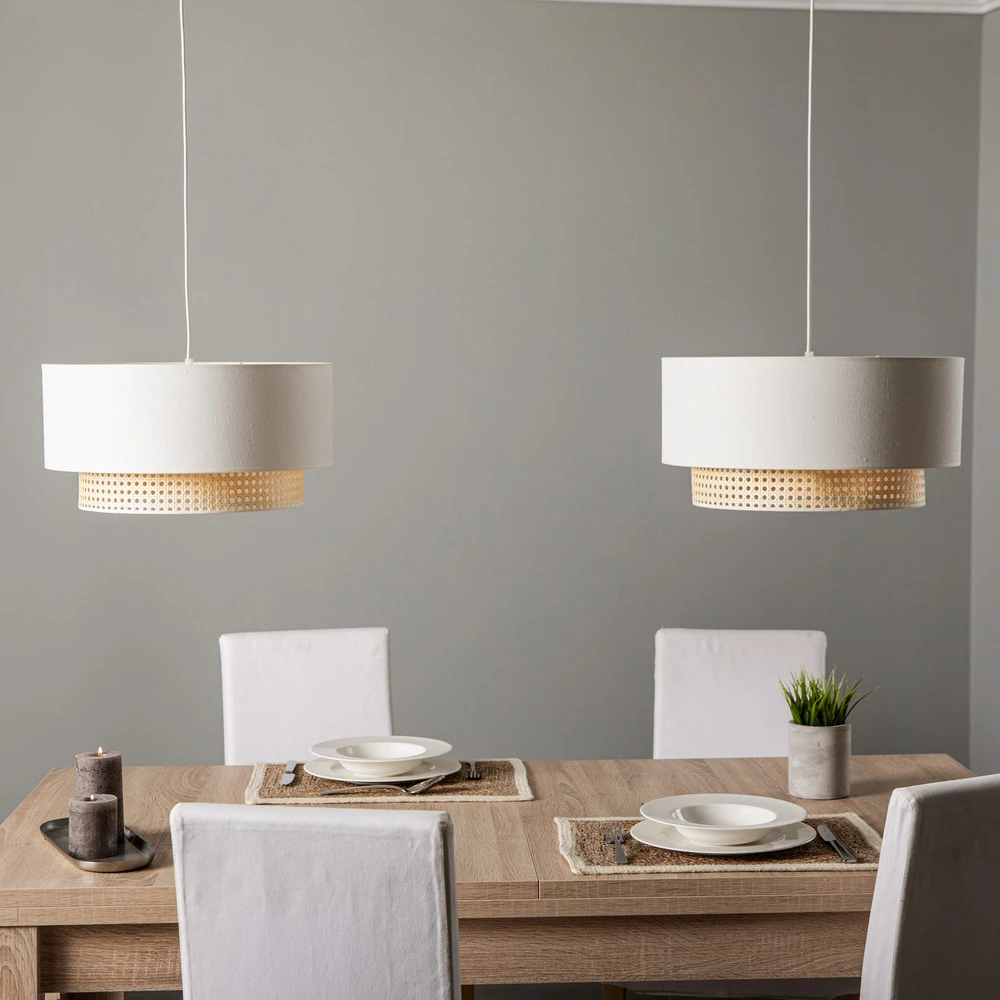 Plaque de plafond LED Suspension Boho 2 lampes tissu crème-blanc/rotin