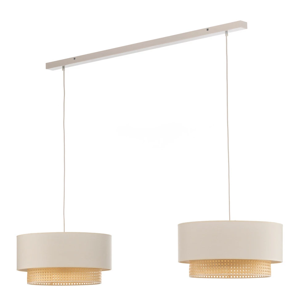 Plaque de plafond LED Suspension Boho 2 lampes tissu crème-blanc/rotin