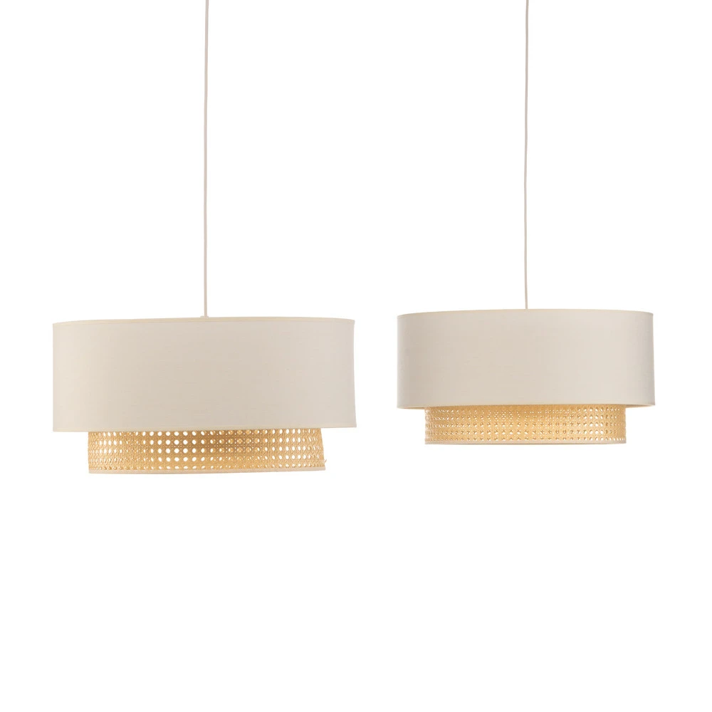 Plaque de plafond LED Suspension Boho 2 lampes tissu crème-blanc/rotin