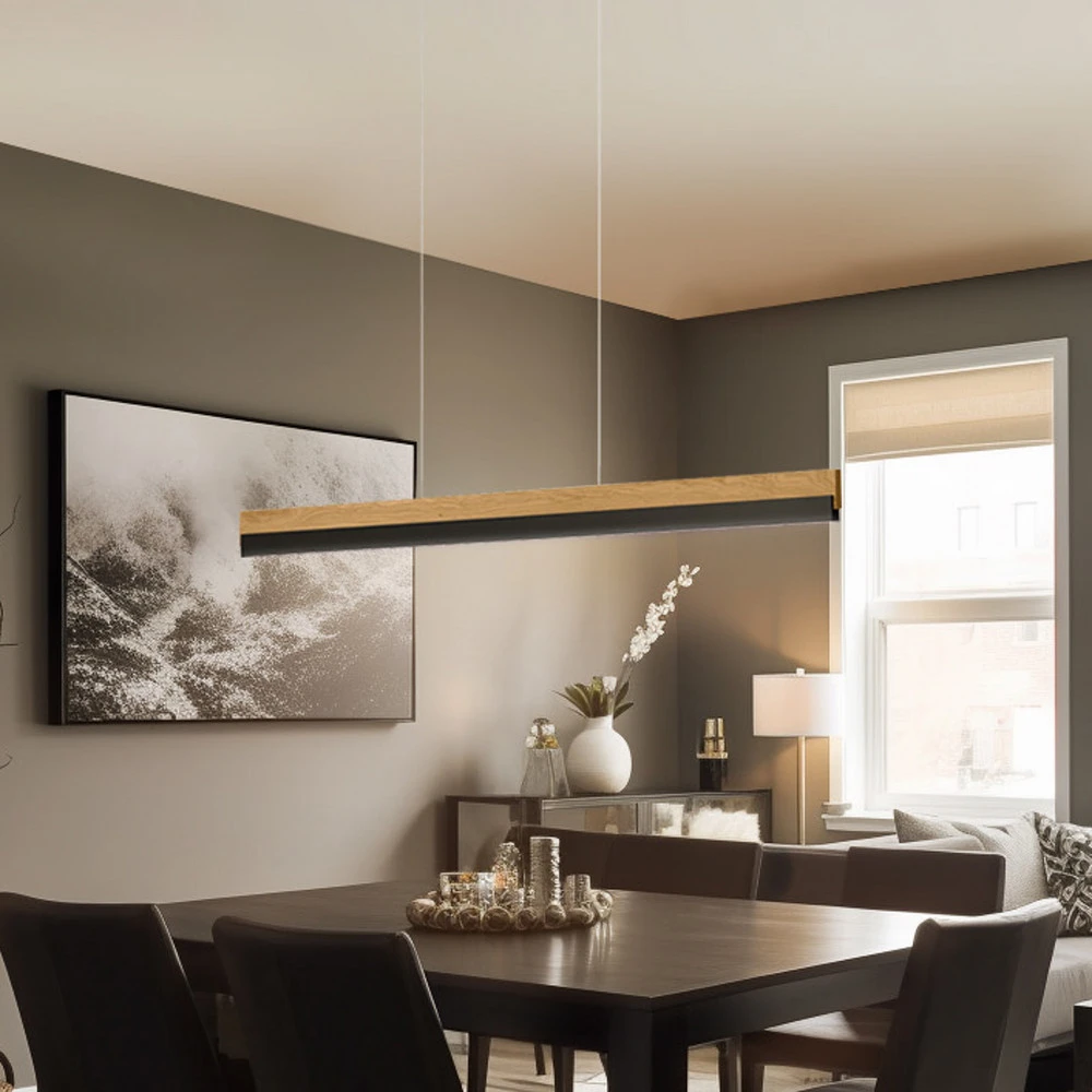 Quitani Suspension LED Keijo, noir/chêne, 103 cm IP44 pour salle de bain