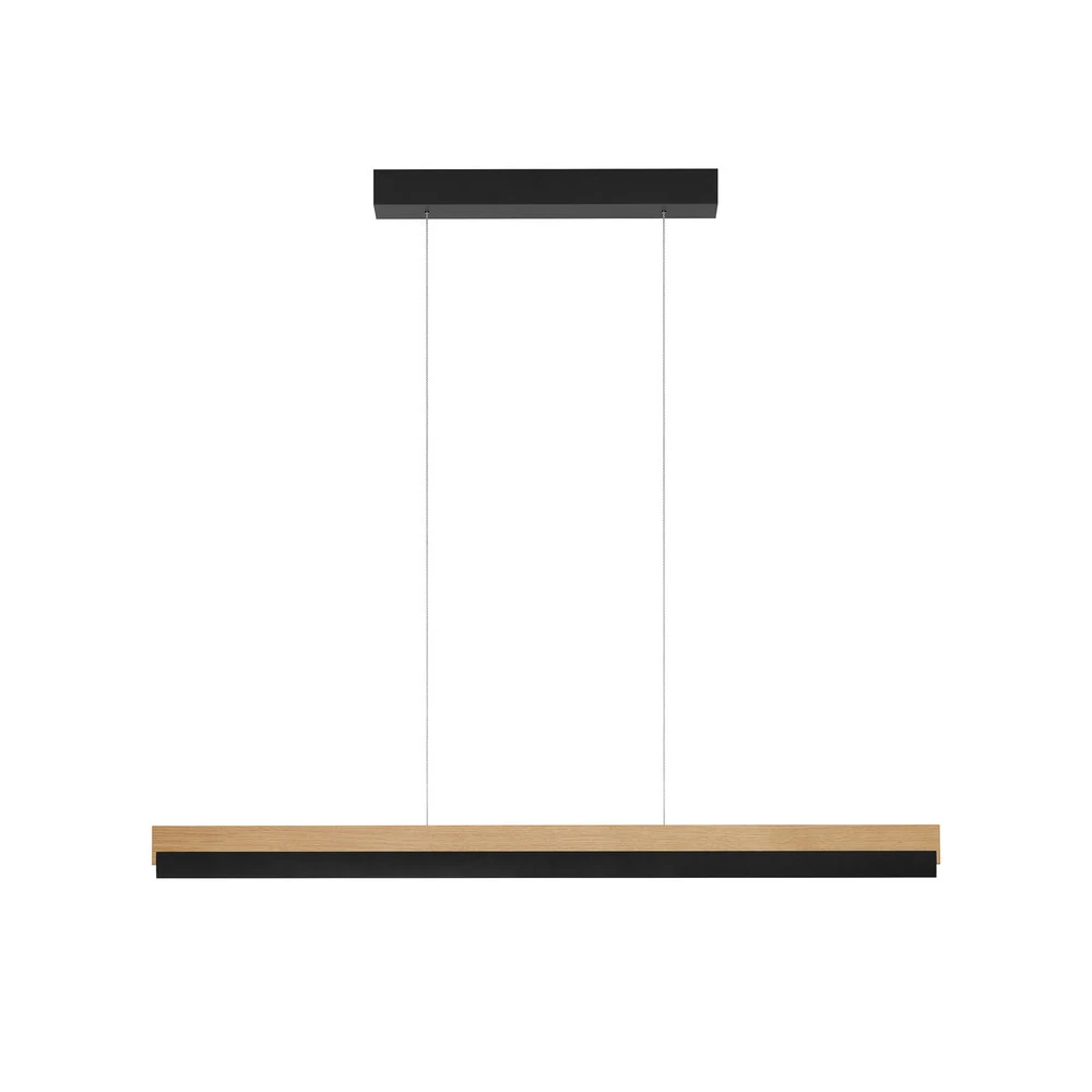 Quitani Suspension LED Keijo, noir/chêne, 103 cm IP44 pour salle de bain