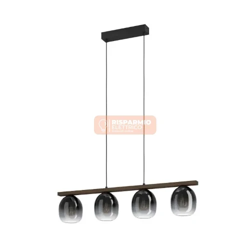 SOSPENSIONE EGLO FILAGO 4×E27 – LEGNO NOCE & VETRI SFUMATI NERO‑GRIGIO Ø88 CM