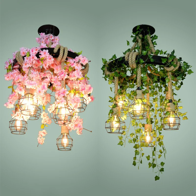 Suspension circulaire en métal, lustre de restaurant rustique à 6 lumières avec cage et fausse plante avec LED intégrée no...