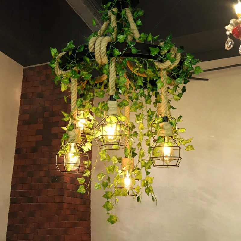 Suspension circulaire en métal, lustre de restaurant rustique à 6 lumières avec cage et fausse plante avec LED intégrée no...