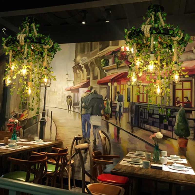 Suspension circulaire en métal, lustre de restaurant rustique à 6 lumières avec cage et fausse plante avec LED intégrée no...