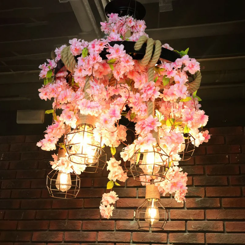 Suspension circulaire en métal, lustre de restaurant rustique à 6 lumières avec cage et fausse plante avec LED intégrée no...