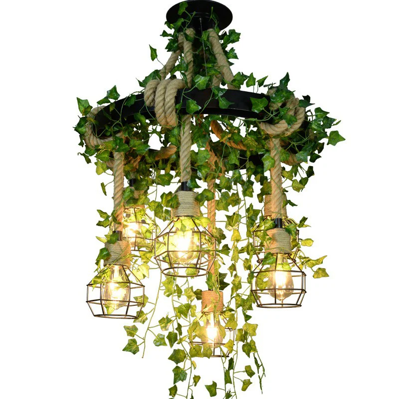 Suspension circulaire en métal, lustre de restaurant rustique à 6 lumières avec cage et fausse plante avec LED intégrée no...