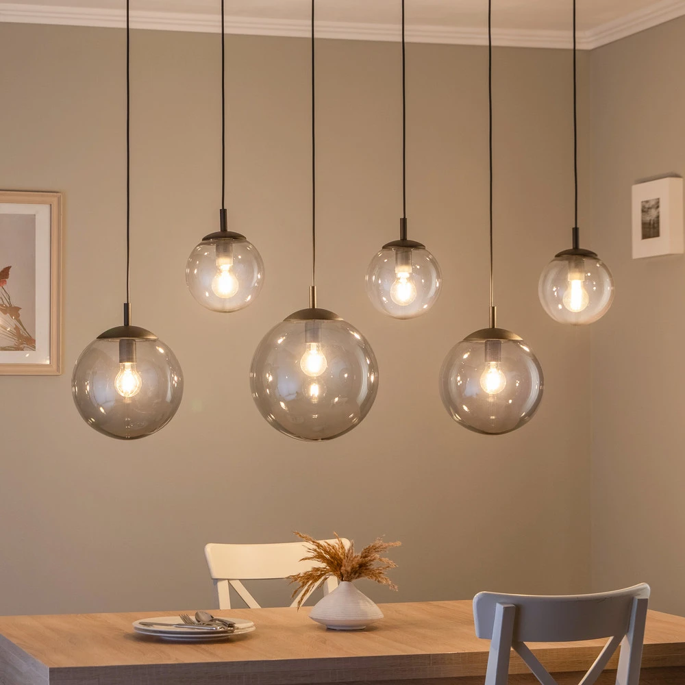 Suspension Esme, verre, graphite-transparent, 6 lampes, linéaire avec LED intégrée non remplaçable