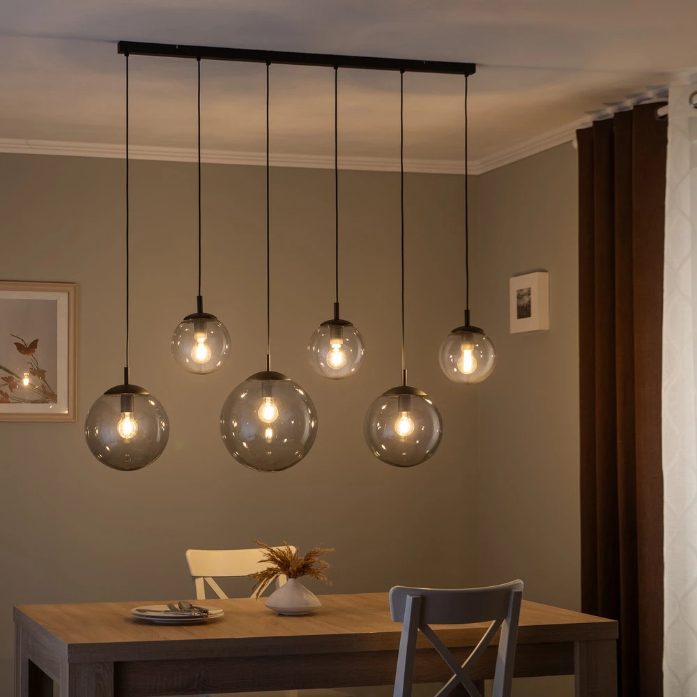 Suspension Esme, verre, graphite-transparent, 6 lampes, linéaire avec LED intégrée non remplaçable