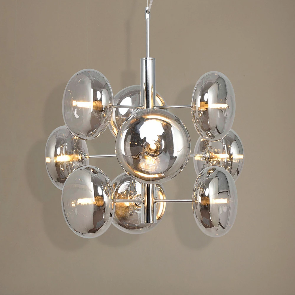 Suspension Explosion à 9 lampes, chromé/gris fumée pour plafonds suspendus