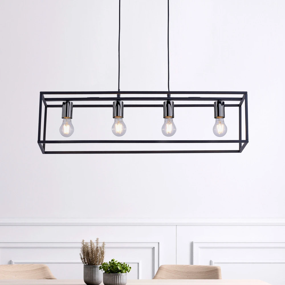 Suspension Fabio cage 4 lampes noire/chromée pour entrée et couloir