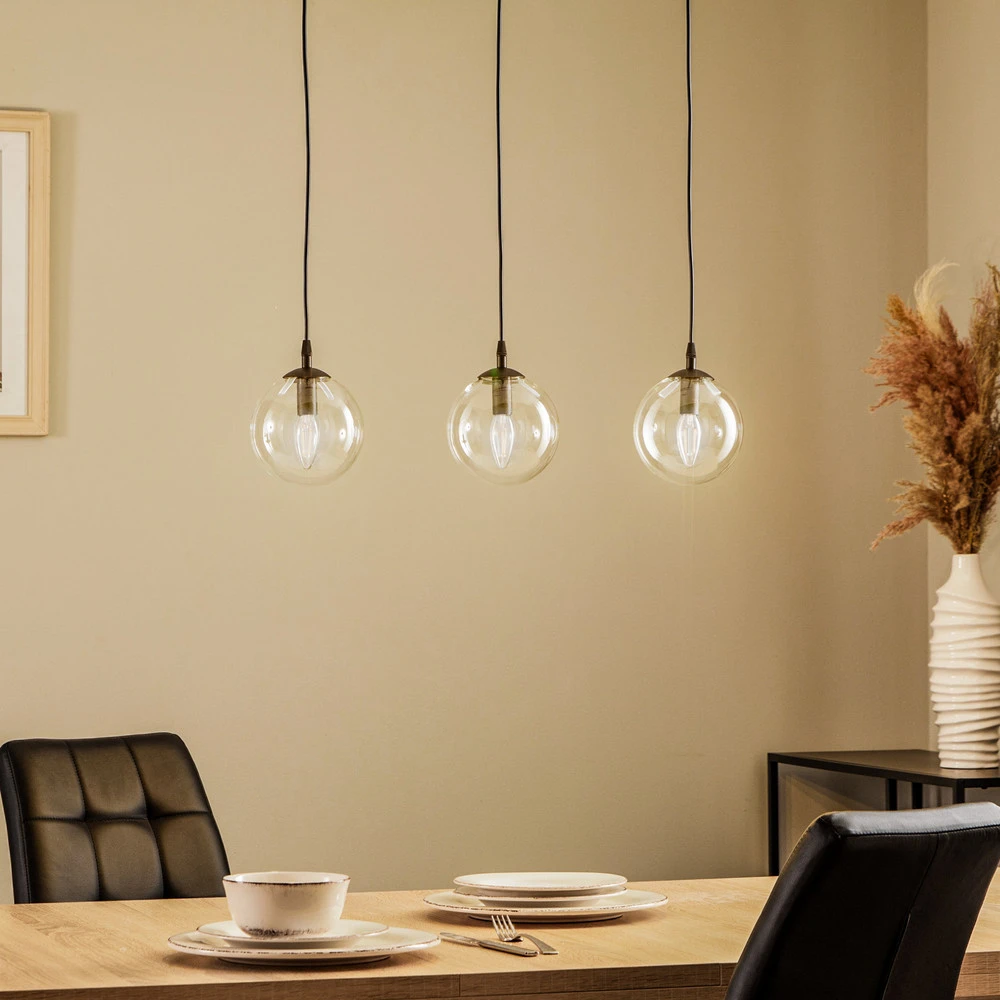 Suspension Glassy, 3 lampes, droite, noire, transparente, verre - Installation Facile