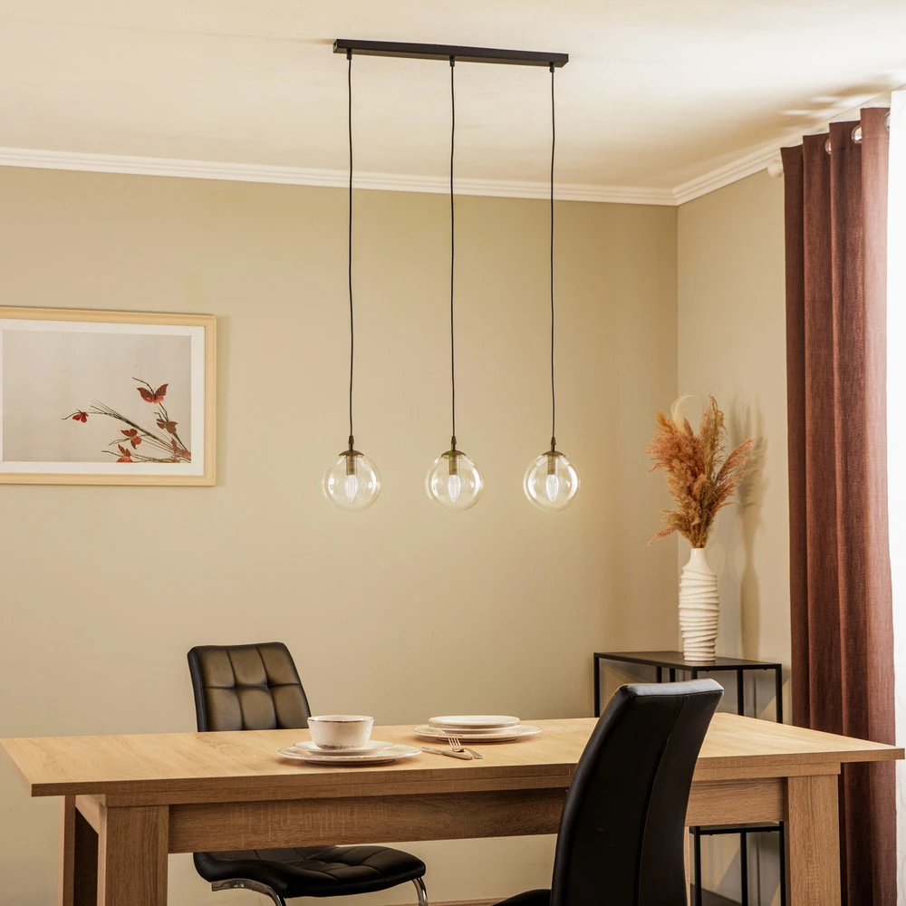 Suspension Glassy, 3 lampes, droite, noire, transparente, verre - Installation Facile