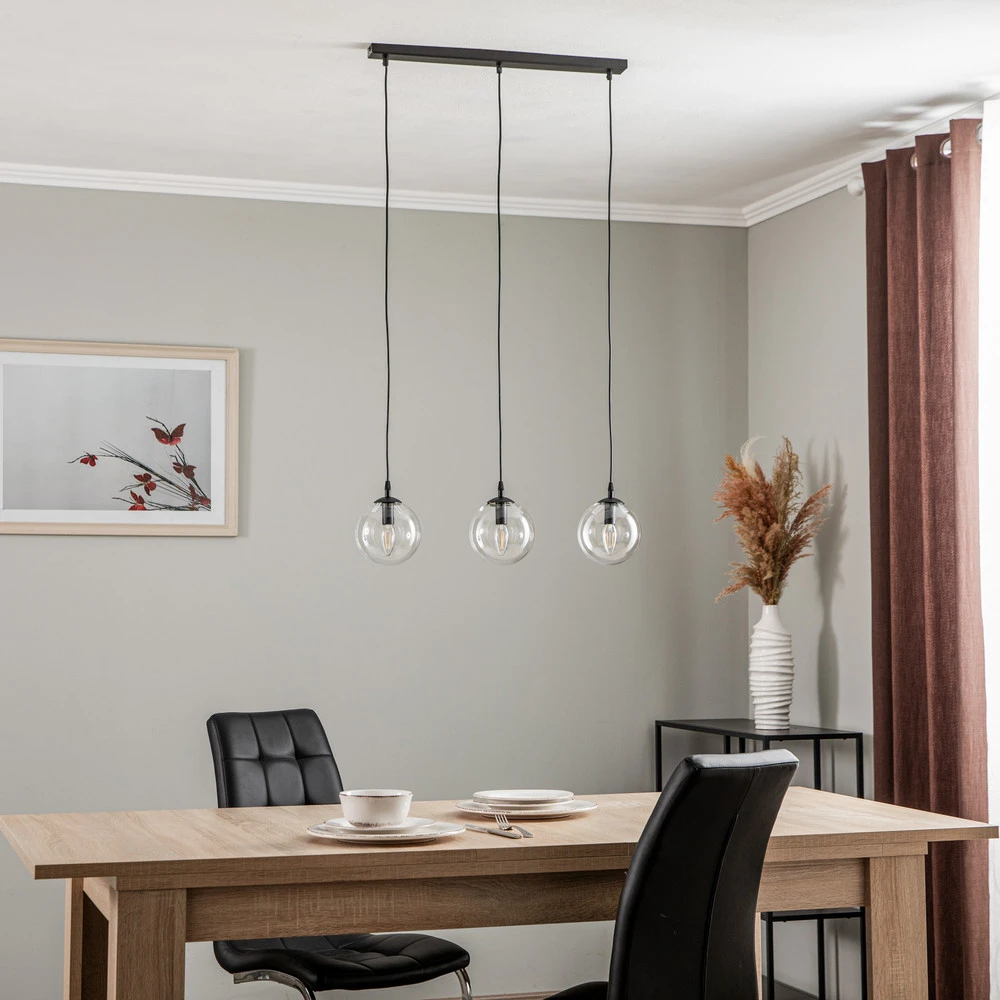 Suspension Glassy, 3 lampes, droite, noire, transparente, verre - Installation Facile