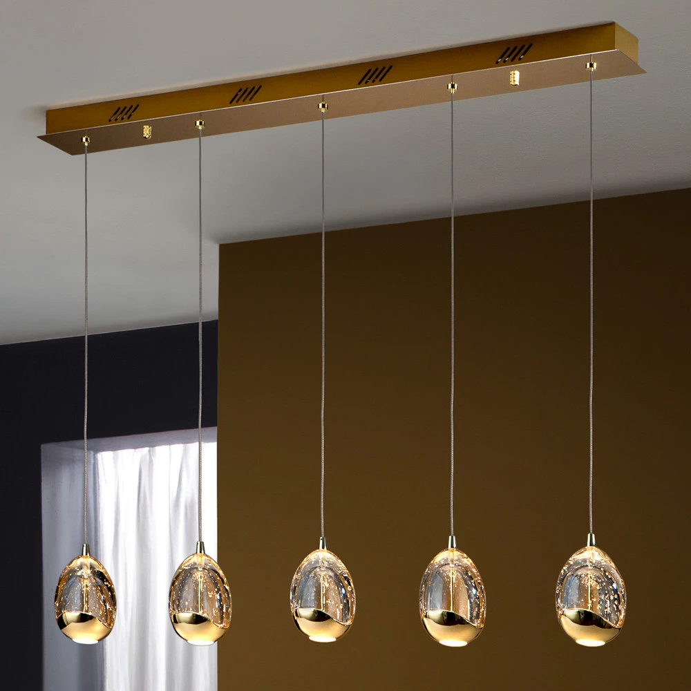 Suspension linéaire LED Rocio, 5 branches, métal, verre, or Sans outil d'installation