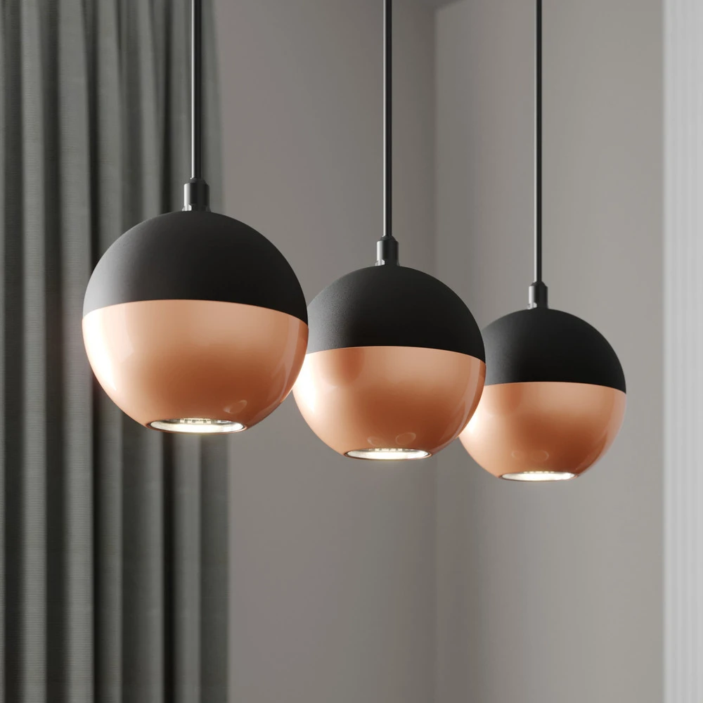 Suspension Midnight en noir/cuivré x3 allongée pour entrée et couloir