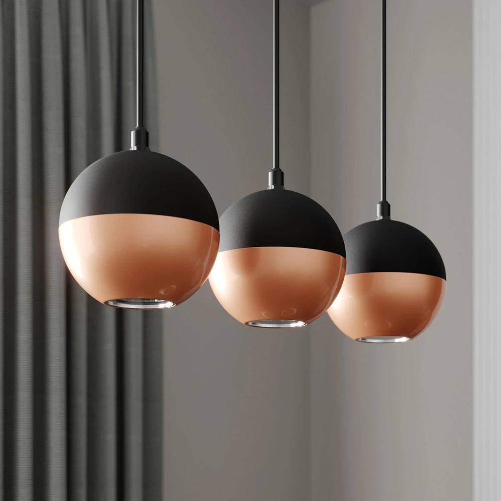 Suspension Midnight en noir/cuivré x3 allongée pour entrée et couloir