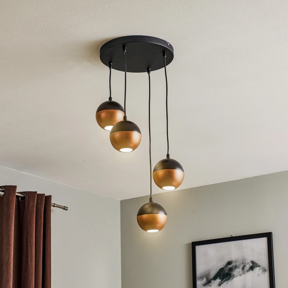 Suspension Midnight en noir/cuivré 4 lampes ronde Design minimaliste