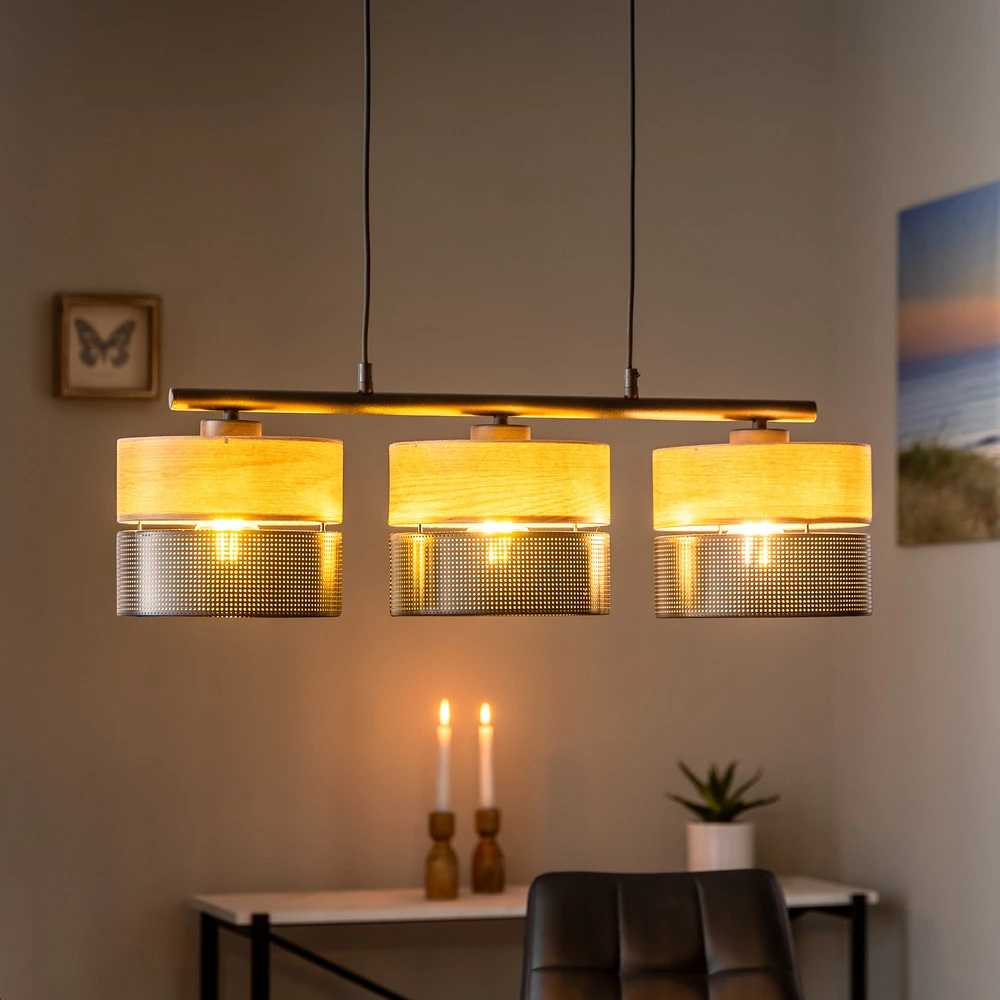 Suspension Nicol, noir/imitation bois, 70x20 cm 3 lampes à 3 x E27 avec LED intégrée non remplaçable