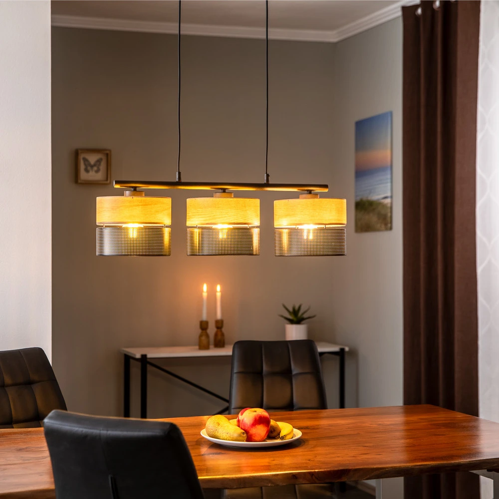 Suspension Nicol, noir/imitation bois, 70x20 cm 3 lampes à 3 x E27 avec LED intégrée non remplaçable