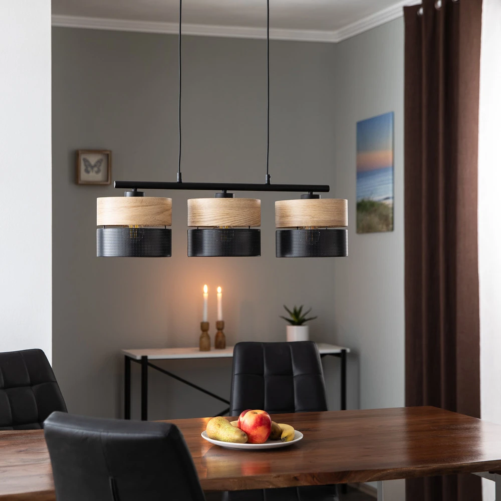 Suspension Nicol, noir/imitation bois, 70x20 cm 3 lampes à 3 x E27 avec LED intégrée non remplaçable