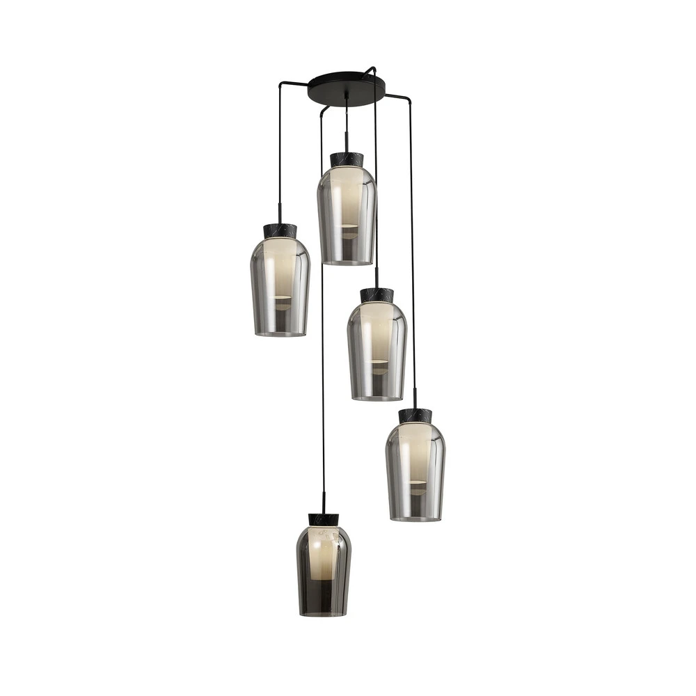 Suspension Nora, noir, chromé, à 5 lampes, rond, verre