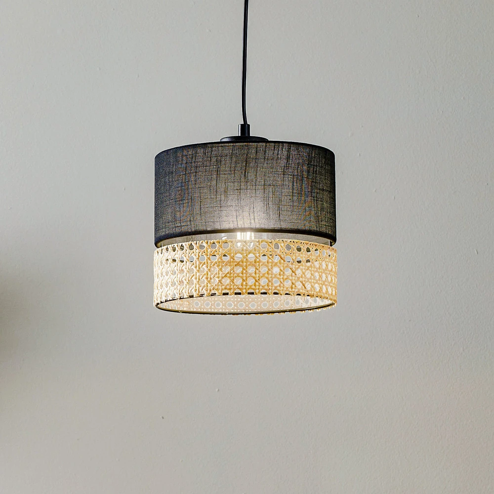 Suspension Paglia noire/rotin à une lampe 20 cm avec fixation réglable