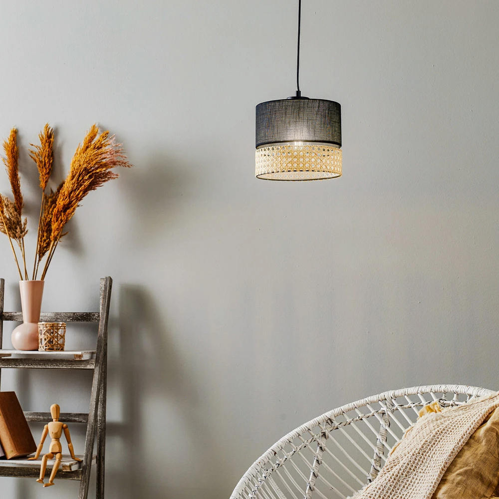Suspension Paglia noire/rotin à une lampe 20 cm avec fixation réglable