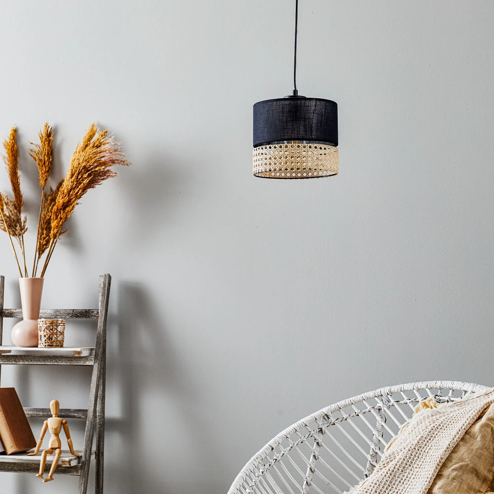 Suspension Paglia noire/rotin à une lampe 20 cm avec fixation réglable