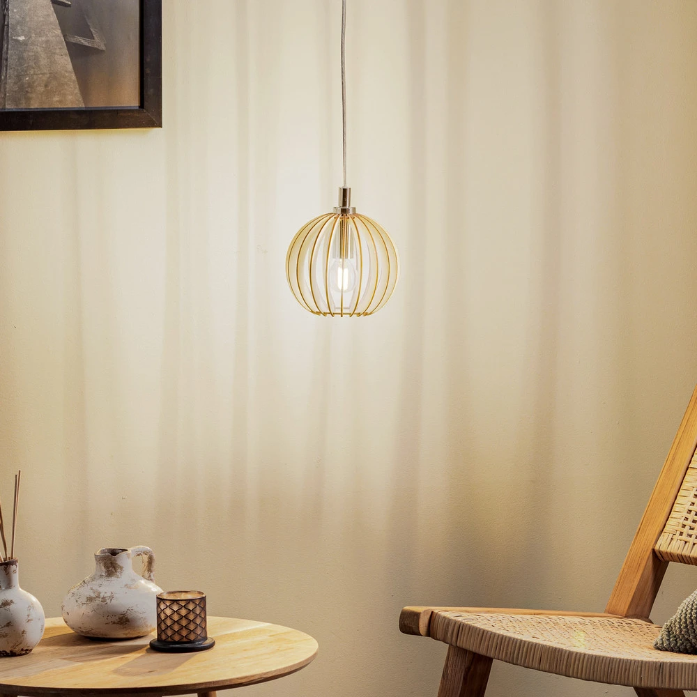 Suspension Paz chromée, lamelles bois, Ø 17 cm avec LED intégrée non remplaçable