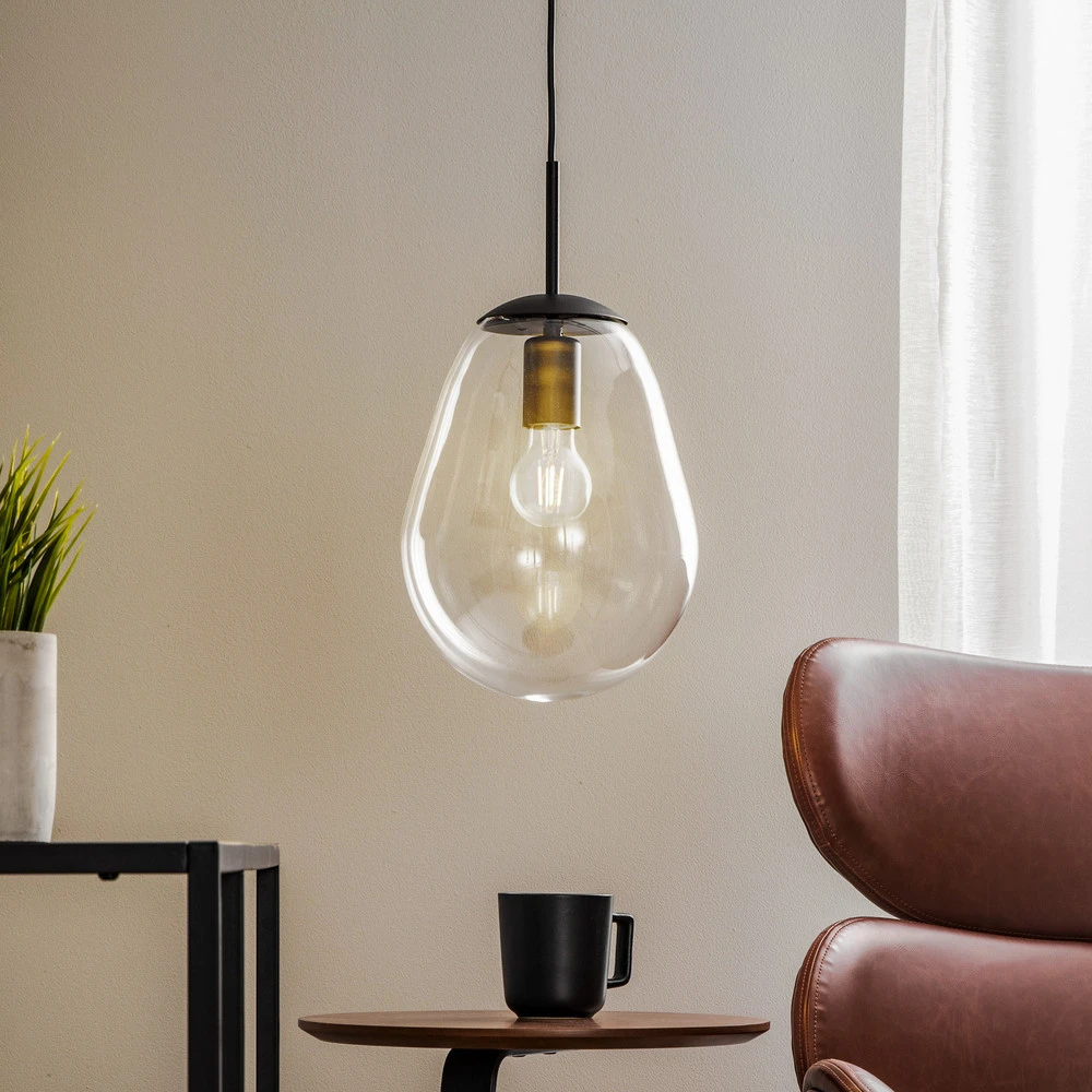 Suspension Pear S avec abat-jour en verre, noir avec fixation réglable