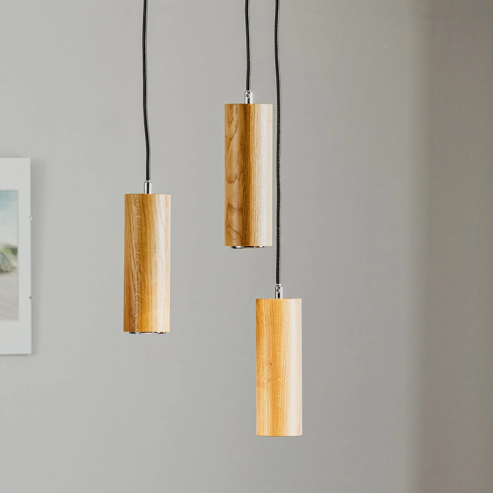 Suspension Pipe, bois de chêne, 3 lampes, ronde, Ø 30 cm, GU10 Design minimaliste
