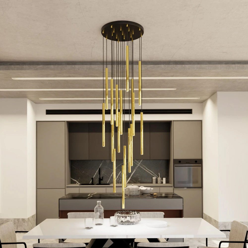 Suspension Selter, doré, 17 flammes, métal IP44 pour salle de bain