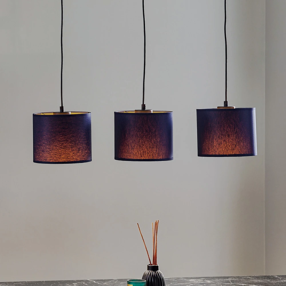 Suspension Soho cylindre, longue 3 lampes bleue/or (Carré 30x30cm)