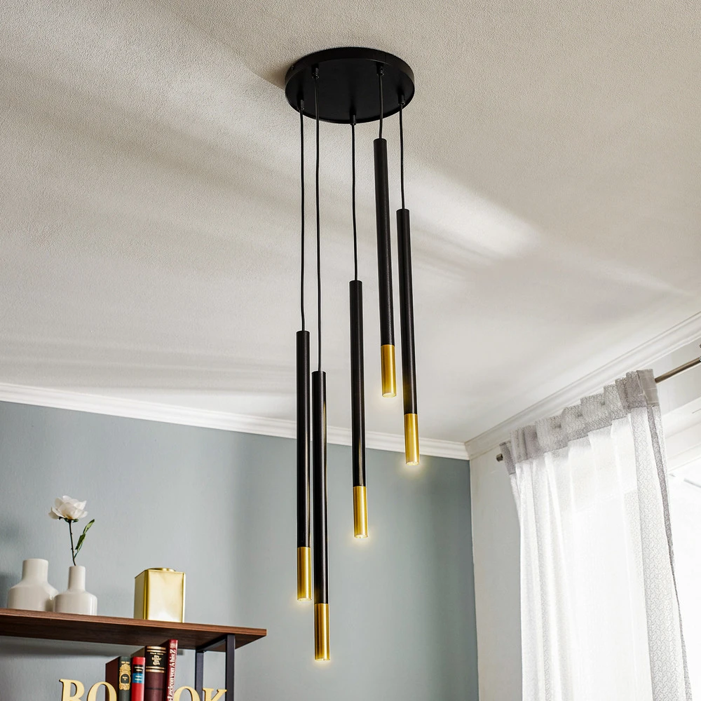 Suspension Sopel Due 5, noir/or, à 5 lampes. | 4000K | lumière neutre