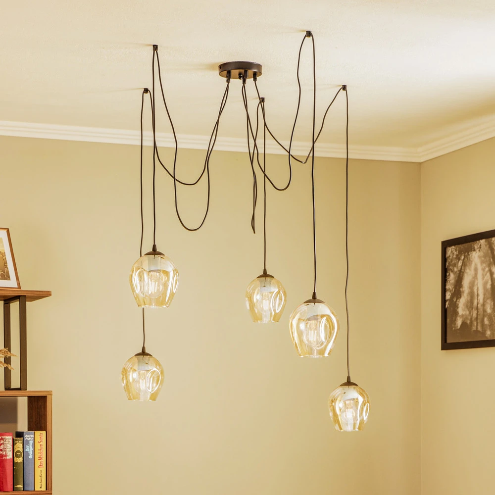 Suspension Starla décentrée 5 lampes ambrée IP44 pour salle de bain