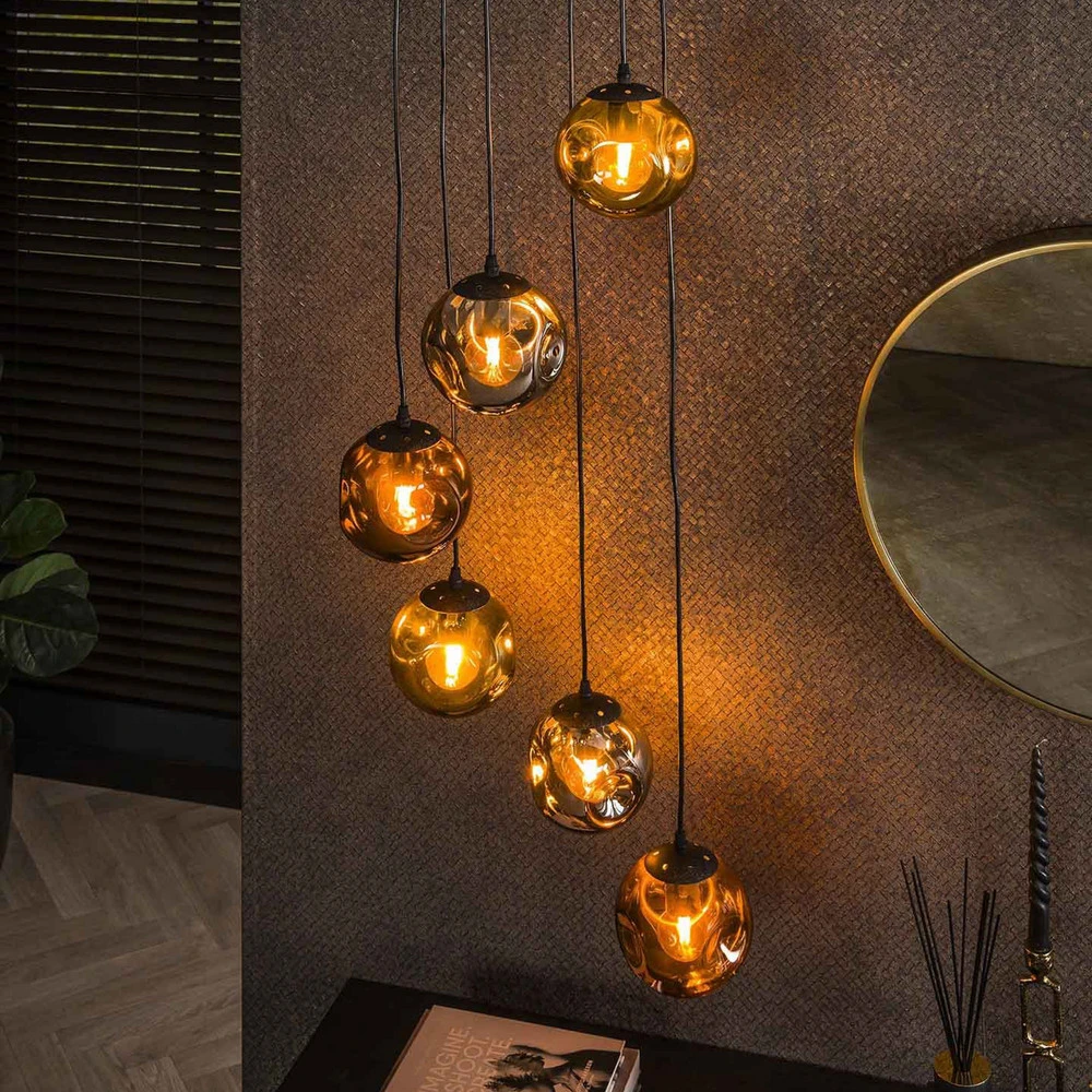 Suspension Stellar, or/argent/cuivre, Ø 50 cm, verre 6 lampes Sans outil d'installation