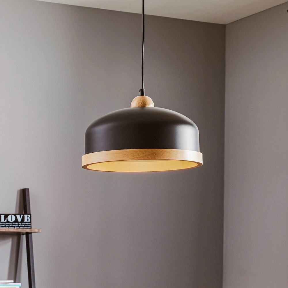 Suspension Studio décor bois, 1 lampe, noire Sans outil d'installation