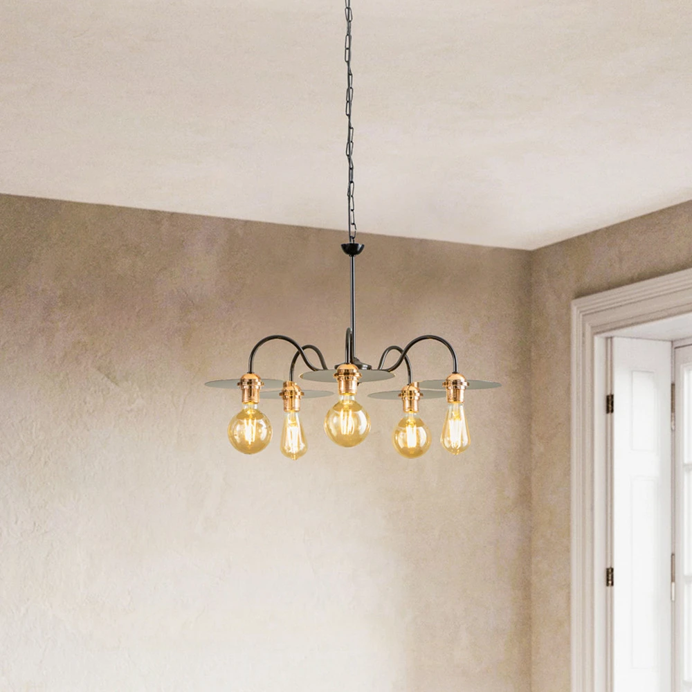 Suspension Yorik, à cinq lampes, noire/cuivrée | Garantie 2 Ans