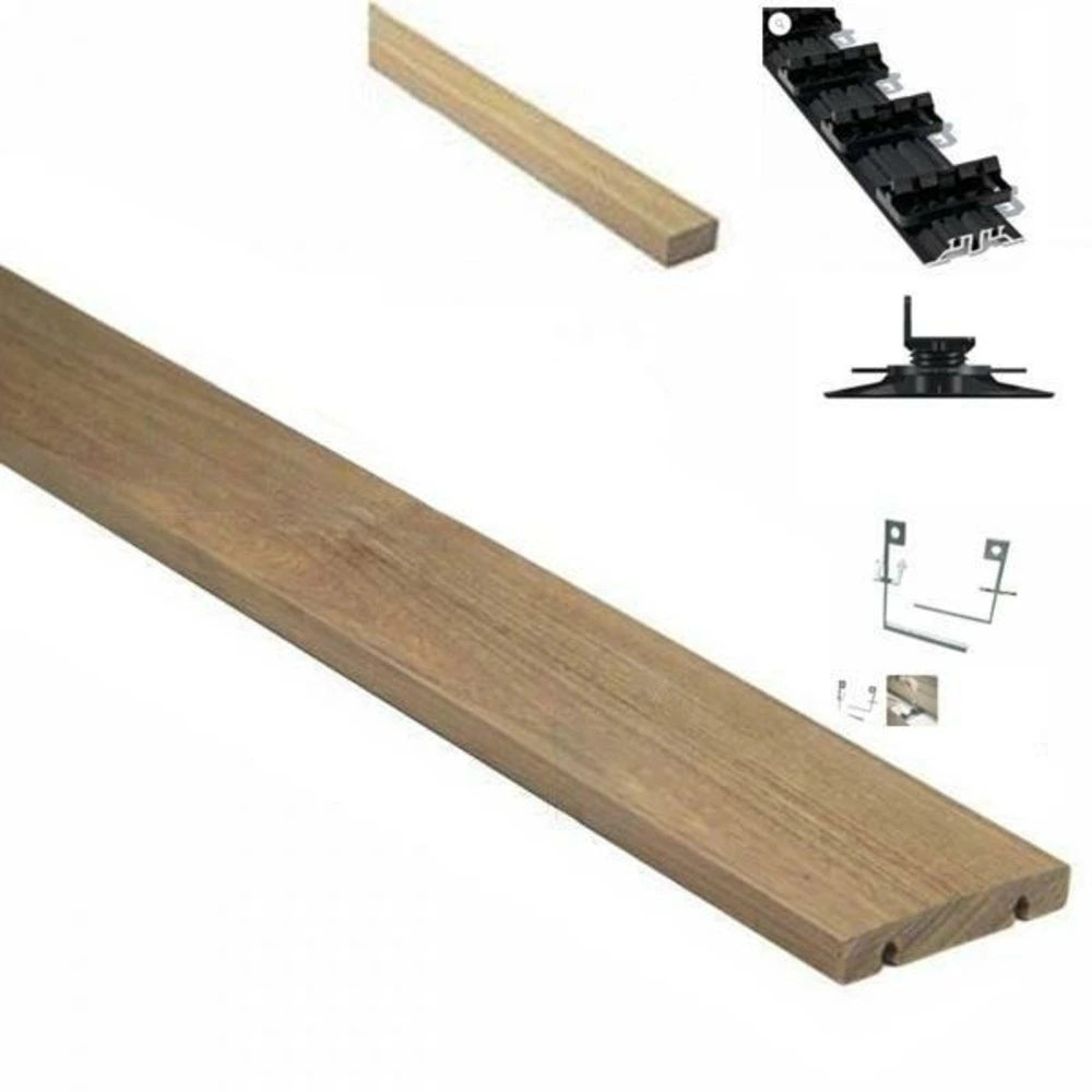 Pack complet 35m² lame de terrasse ipe grad clips lx1200mm avec lambourde, flat rail, plot vinyle et clé de démontage