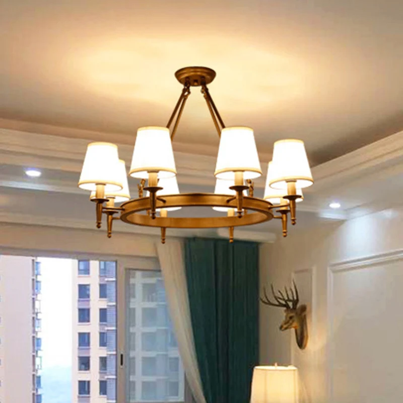 Lustre annulaire minimaliste, éclairage métallique à 8 têtes, suspension de salon avec abat-jour en tissu conique en blanc...
