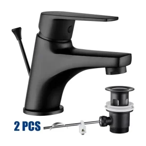Cecipa max 2PCS Robinet de Salle de Bain Noir, Robinet de Lavabo avec Garniture de Vidage à Tirette, Mitigeur de Lavabo en...
