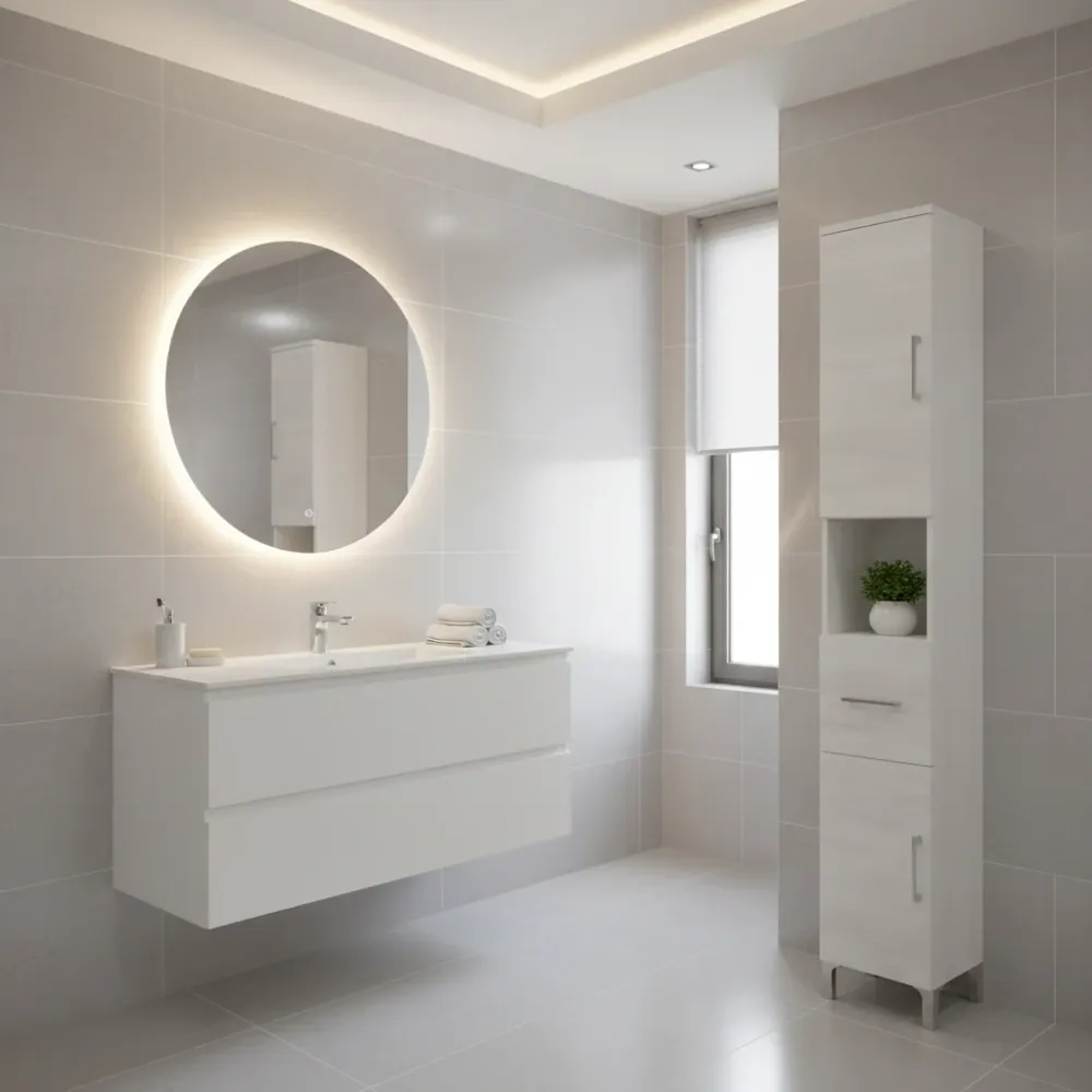 Colonne de salle de bain haute à deux portes avec tiroir et niche ouverte modèle Beach chêne blanc