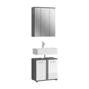 Kaleb - Ensemble de 2 meubles de salle de bains en mélaminé blanc et argenté, vasque non incluse (L/H/P : 64x191x34 cm)