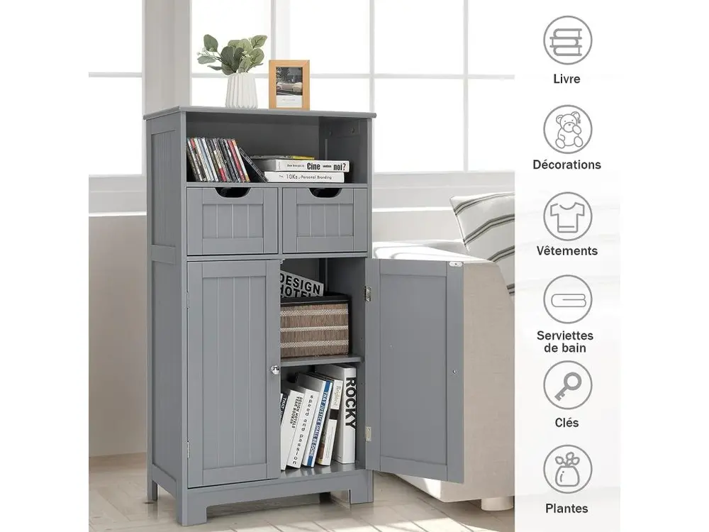 Meuble de rangement de salle de bain commode blanche de toilette/chambre avec 2 tiroirs et 2 portes