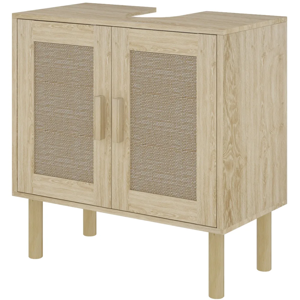 Meuble salle de bain sous lavabo, meuble sous lavabo, portes en rotin, style bohème, pieds en bois de pin, 2 niveaux, 60 x...