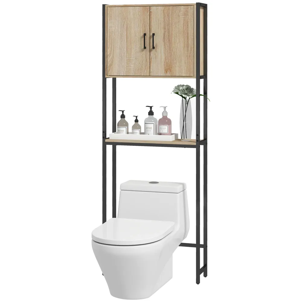 Étagère de toilettes meuble de salle de bain dessus toilette WC avec placard 2 portes et étagère ouverte pâle. 64L x 19l x...