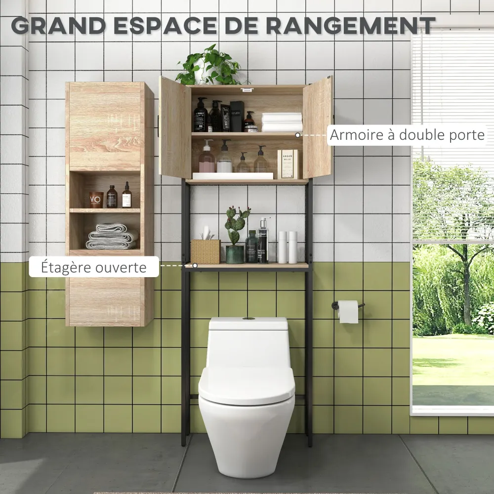 Étagère de toilettes meuble de salle de bain dessus toilette WC avec placard 2 portes et étagère ouverte pâle. 64L x 19l x...