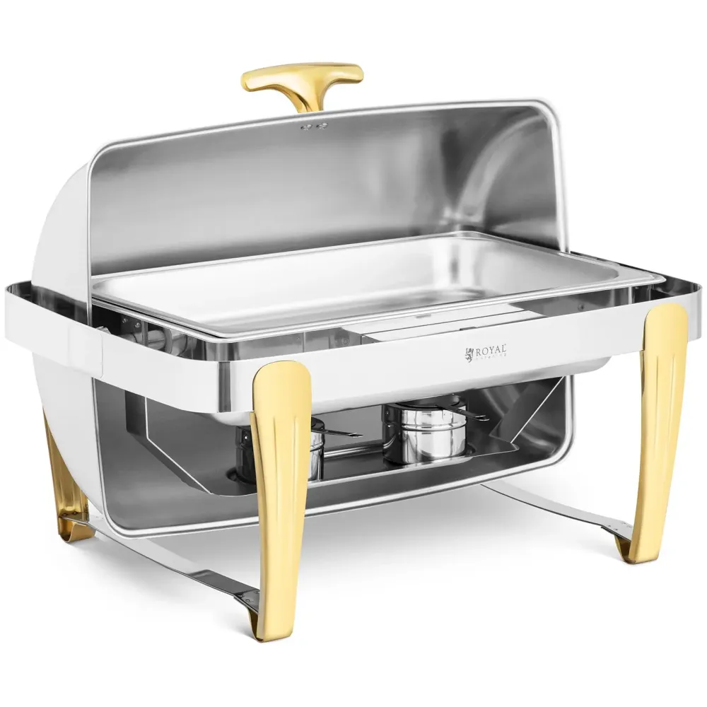 Chafing dish GN 1/1 accents dorés couvercle roll-top 9 litres 2 brûleurs acier inoxydable argenté 14_0008576