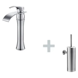 Mitigeur Lavabo Cascade Robinet Lavabo/Vasque Haute Bec Moocommand,Chromé+Porte Brosse Toilette Acier Inoxydable Brosse WC...